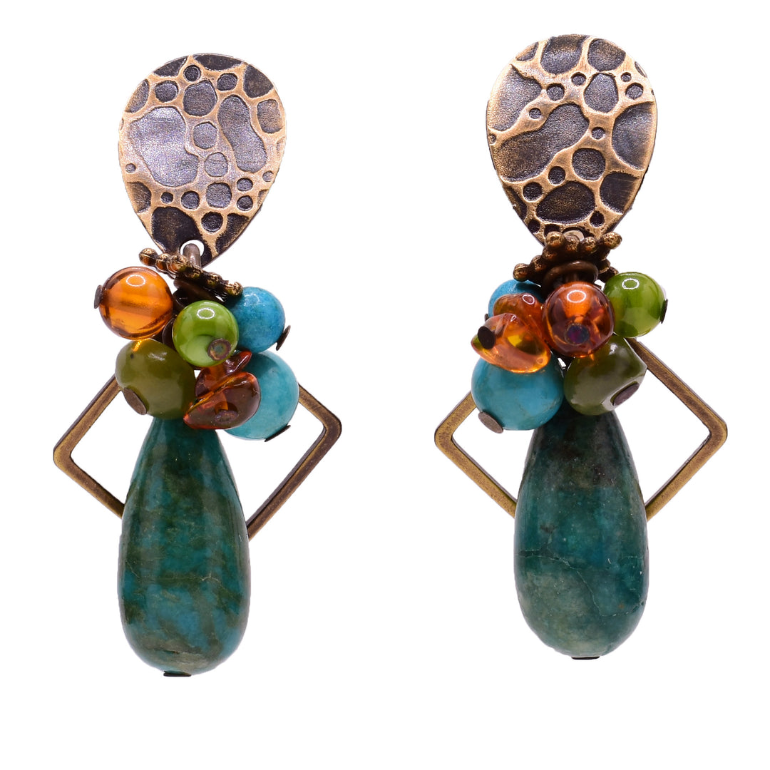 Dangle jade earrings studs made of mother of pearl, handworked brass, turquoise, baltic amber and jade. Titanium ear hooks. By Honica.