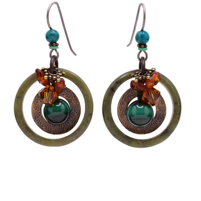 Dangle earrings made of turquoise, handworked brass, Austrian crystal, Baltic amber, jade, malachite and magnesite. Titanium hooks. By Honica.