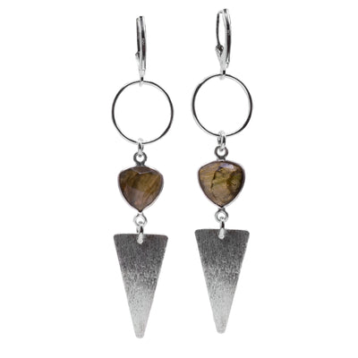 These dangling labradorite earrings have three portions that dangle independently. From the hooks, the hangs include: a sterling silver hoop, round and triangular labradorite gems and a textured, silver upside down triangle.