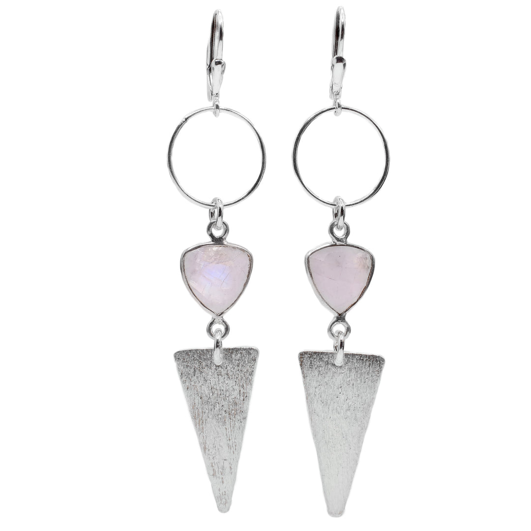 These dangling moonstone earrings have three portions that dangle independently. From the hooks, the hangs include: a sterling silver hoop, round and triangular moonstones and a textured, silver upside down triangle.