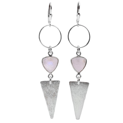 These dangling moonstone earrings have three portions that dangle independently. From the hooks, the hangs include: a sterling silver hoop, round and triangular moonstones and a textured, silver upside down triangle.