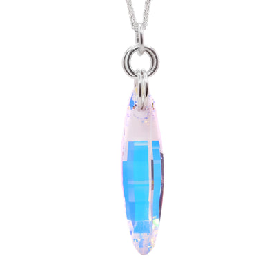 This Swarovski crystal pendant features an iridescent ellipse shaped Swarovski crystal with a silver bail that incorporates silver loops.