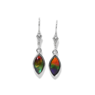 These dainty dangle earrings are made from sterling silver and ammolite gems. The piece has teardrop shaped ammolite hang dangling from silver hooks with designs on them