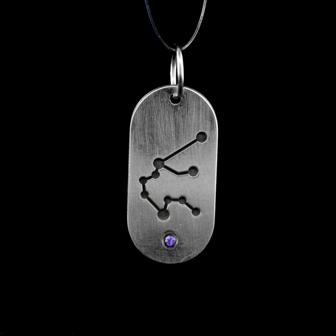 This February zodiac pendant features the February constellation of the Aquarius. Underneath is a purple cubic zirconia.