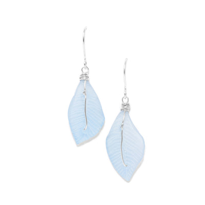 Light blue sea glass feathers with sterling silver wire down middle dangle from sterling silver hooks.