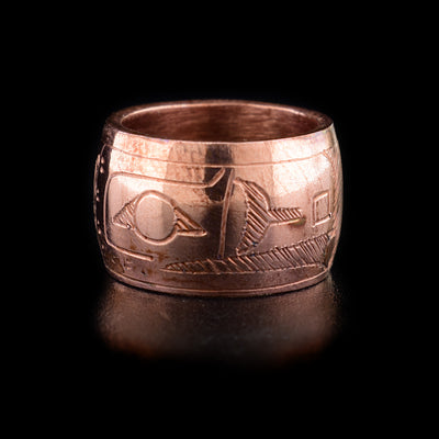 This Raven spirit bead is made from copper and there is a depiction of the Raven carved into its surface.