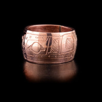 This Wolf spirit bead is made from copper and there is a depiction of the Wolf carved into its surface.