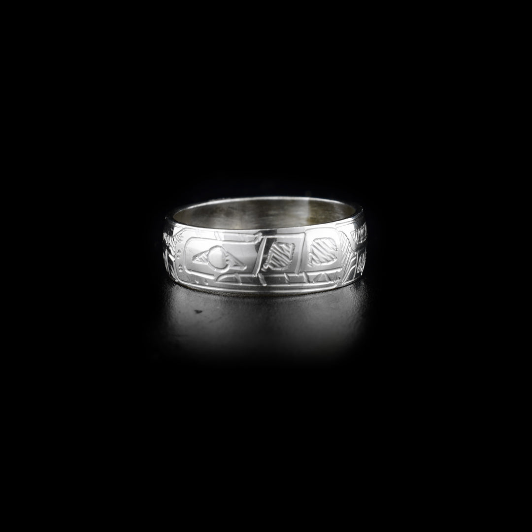 This sterling silver band ring has a single band with a depiction of the Wolf carved into the surface of it.