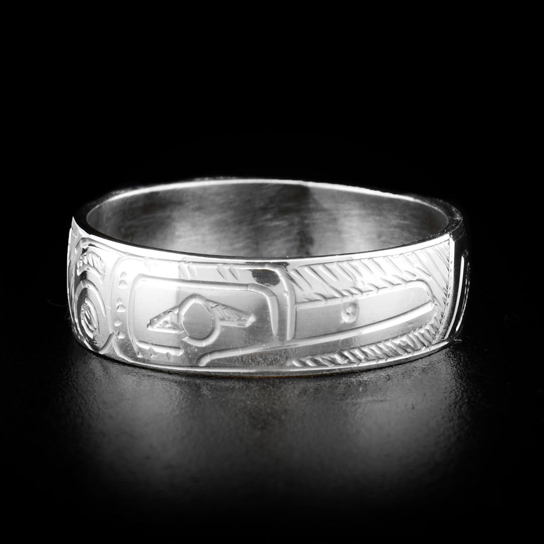 This sterling silver Hummingbird ring has the face of the Hummingbird engraved on it. The face is facing to the right, and the body of the Hummingbird is engraved on the rest of the band.