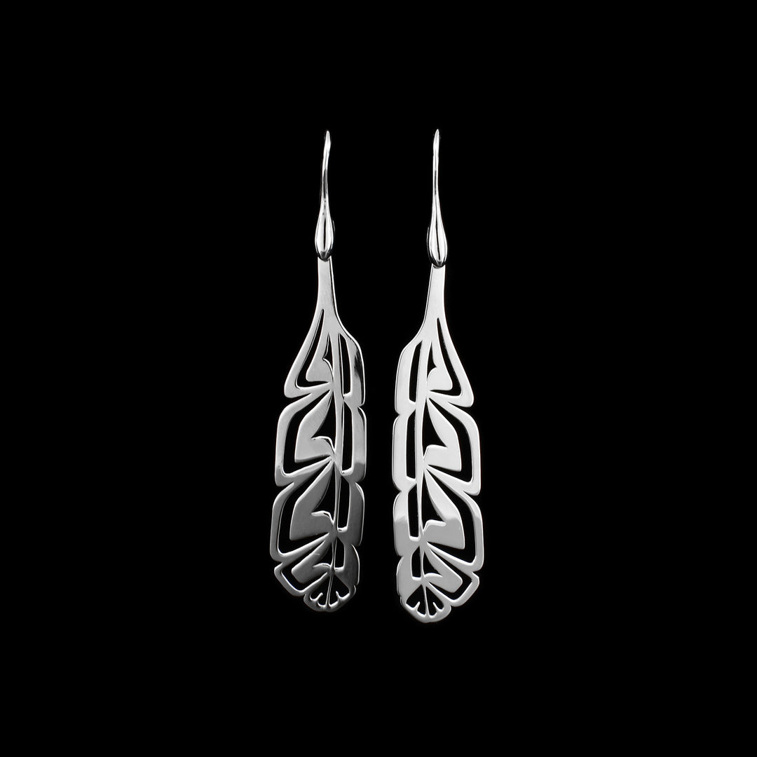 These sterling silver feather earrings are shaped like and feature a cutout design that depicts feathers.