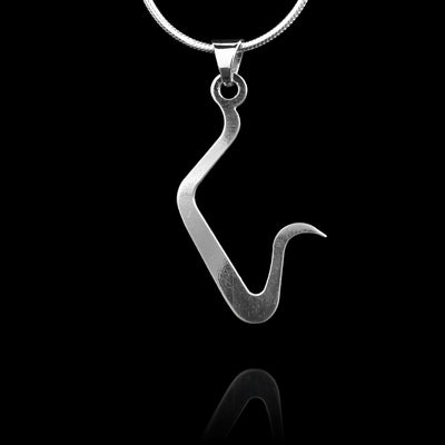 These sterling silver pendants drop down and curve up into an interesting hook shape. The piece depicts a Haida Gwaii character.