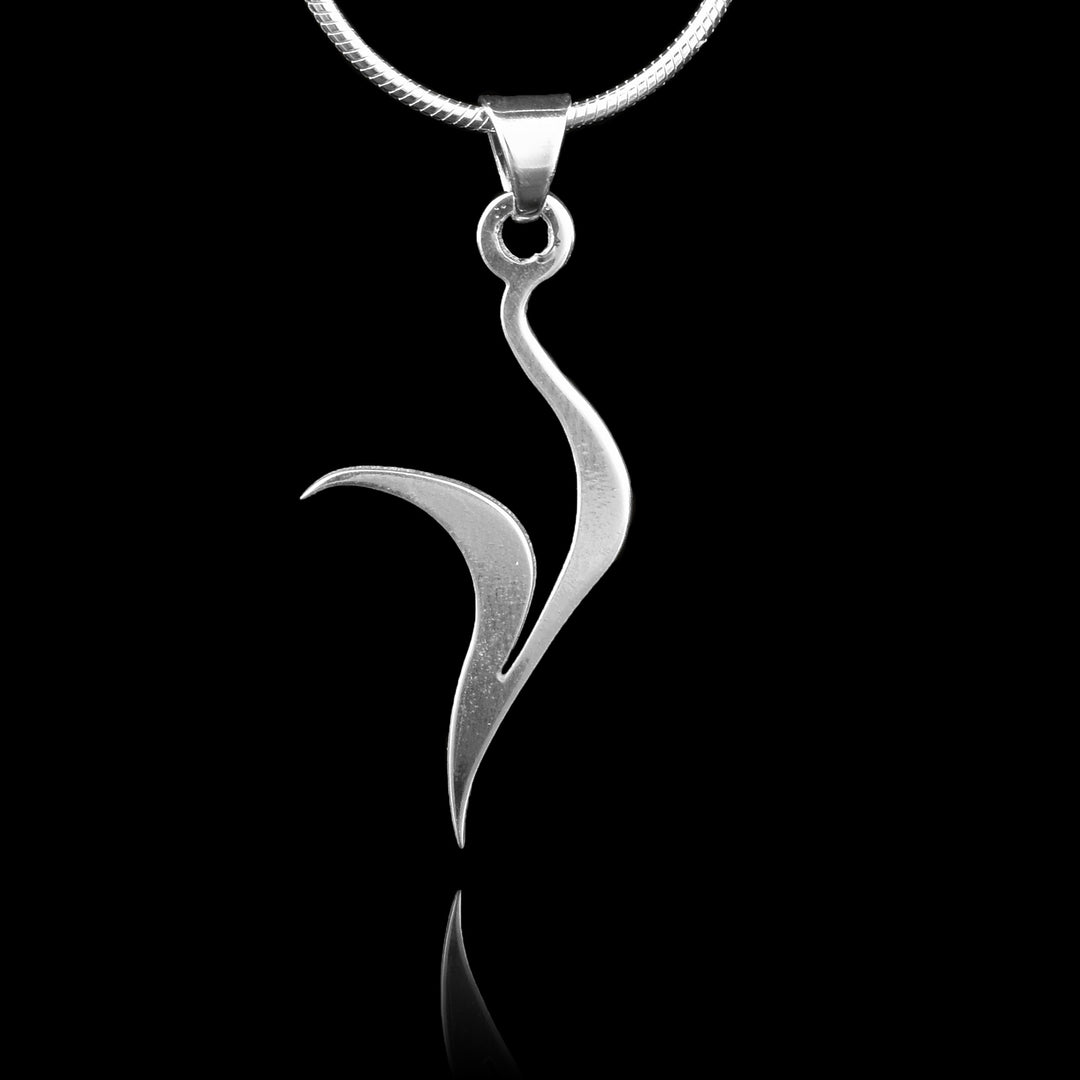 These sterling silver pendants are thin and drop down before curving up. The bottom of the piece is sharp and it curves out in the center. The piece represents a Haida Gwaii character.