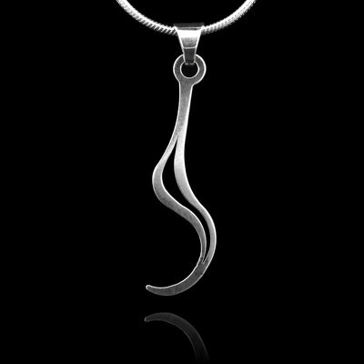 These sterling silver pendants are thin, drop down, curve up at the bottom and have a small, teardrop shaped split in the middle of it. The piece represents a Haida character.