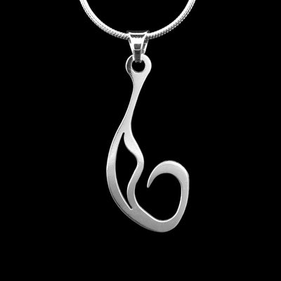 These sterling silver pendants drop down, have a teardrop shape at the end and curve up at the end into a hook. The piece represents a Haida Gwaii character.