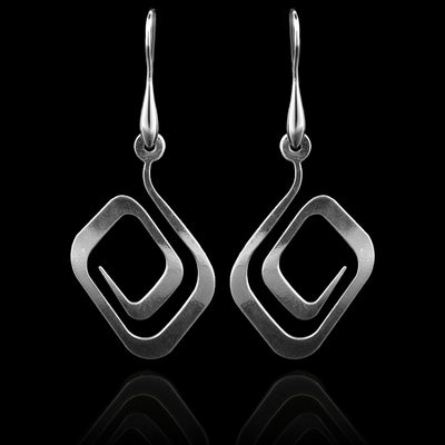 These sterling silver dangling spiral earrings have thin hangs that curved into a round shape and depict a Haida Gwaii character.