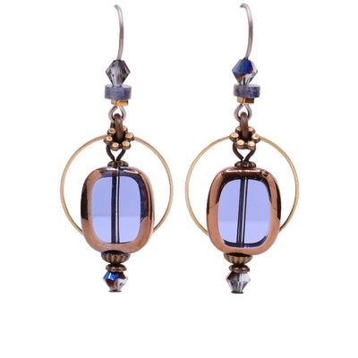 Dangle earrings made of Austrian crystal, dumortierite and glass. Titanium ear hooks. By Honica.