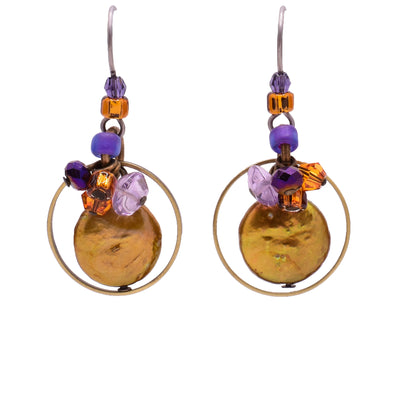 Dangle earrings made of Austrian crystal, genuine pearl, amethyst and glass. Titanium hooks. By Honica.