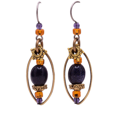 Dangle earrings made of Austrian crystal, purple goldstone and glass. Titanium hooks. By Honica.