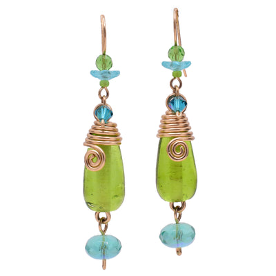 Gold-fill dangle drop earrings made of Austrian crystal, lampworked glass, and glass. By Honica.