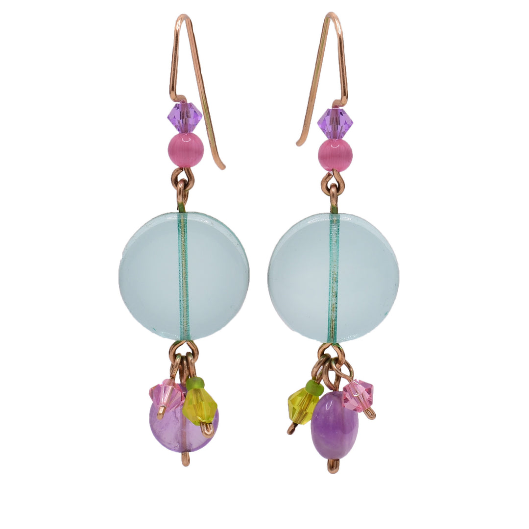 Gold-fill dangle drop earrings made of Austrian crystal, manmade cat's eye, amethyst and glass. By Honica.