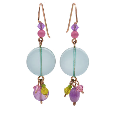 Gold-fill dangle drop earrings made of Austrian crystal, manmade cat's eye, amethyst and glass. By Honica.
