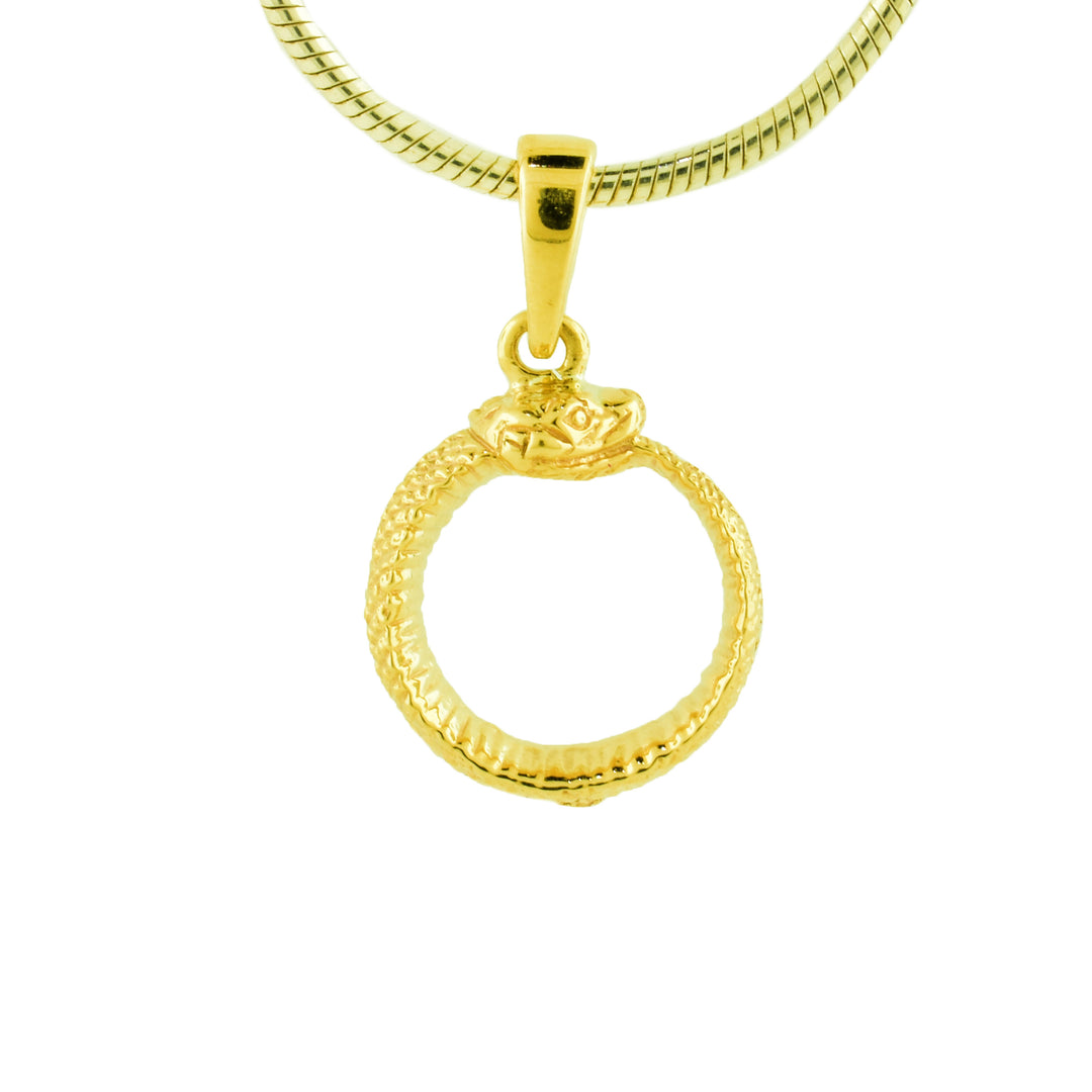 Gold  Auroboros Snake Pendant, the snak is wrapped in a circle its teeth touching its tail forming a perfect circle.