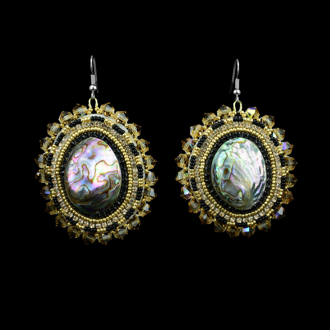 Gold Beaded Dangling Earrings with Abalone