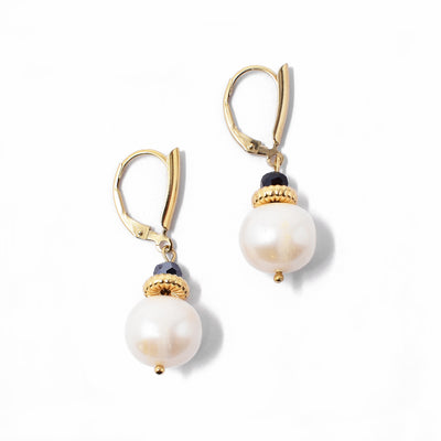 Gold-fill lever-back earrings with dark blue crystals and white freshwater pearls.