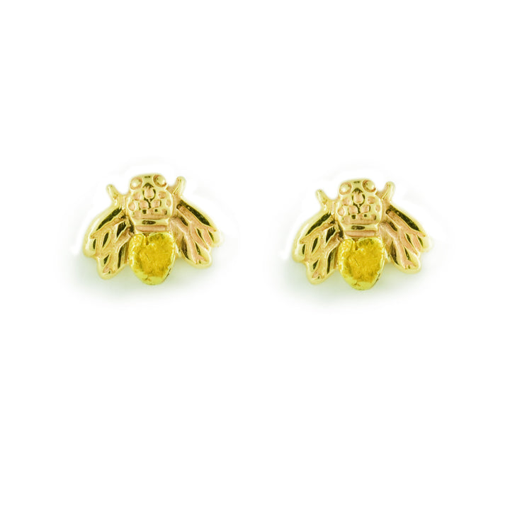 Gold Nugget Bee Stud Earrings, using 10k, 14k, and 22k gold. The nugget is used for the bottom of the bee the rest is casted in gold.