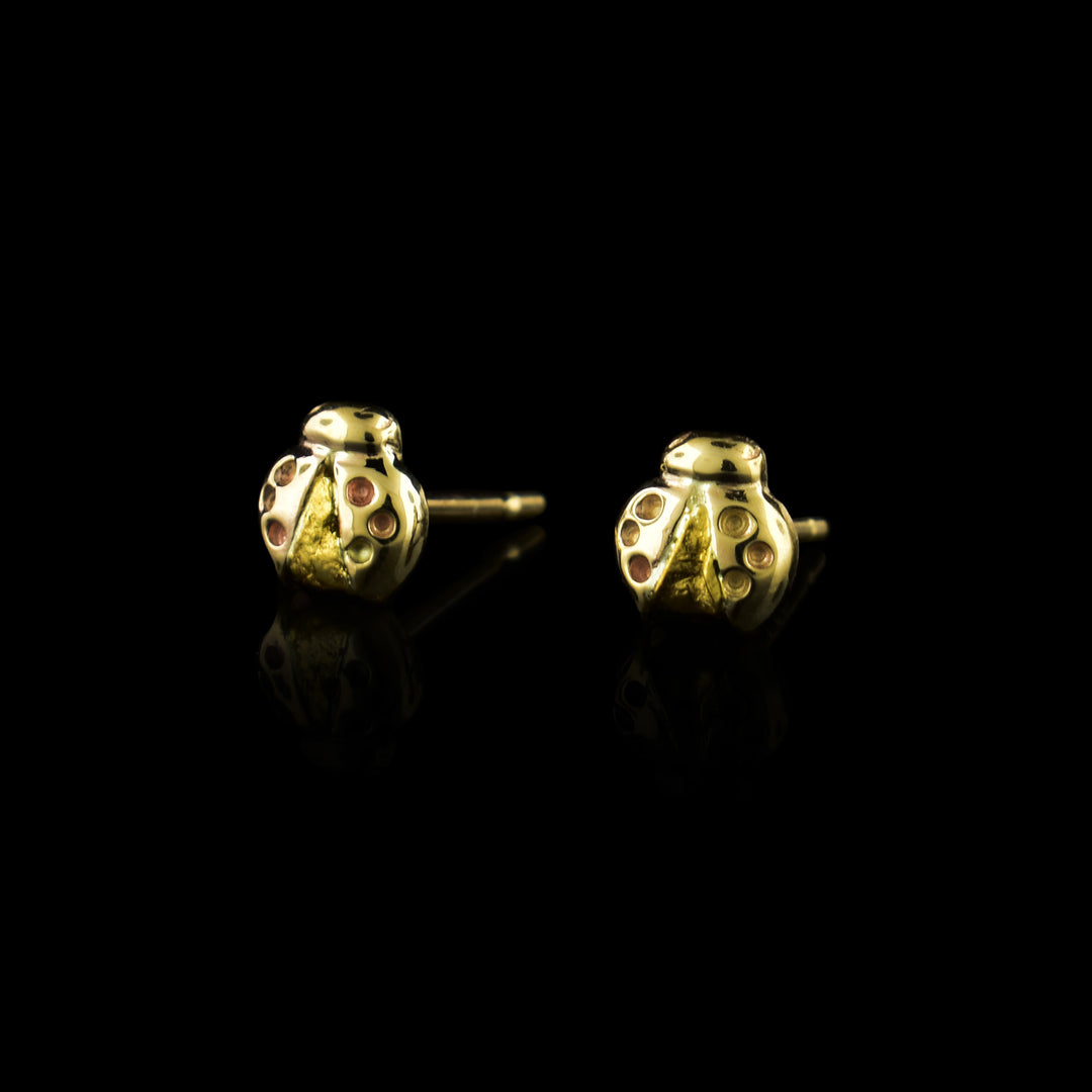 Gold Nugget Ladybug Stud Earrings made with 10k, 14k, and 22k gold.