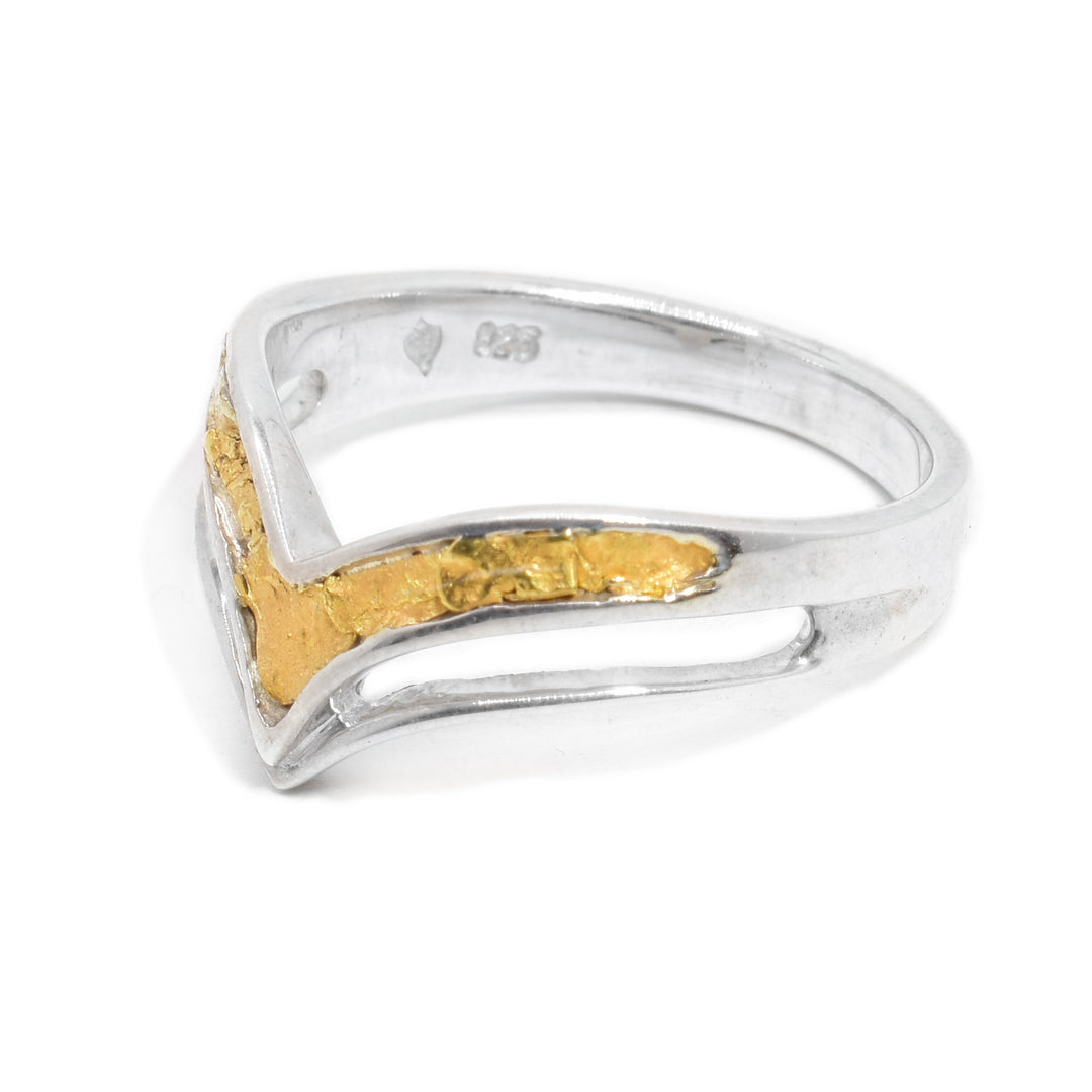 sterling silver and gold nugget ring that curves into v shape in front with 22K gold nuggets. Thinner, plain v shape below. Handcrafted by Tom Gregorczyk.