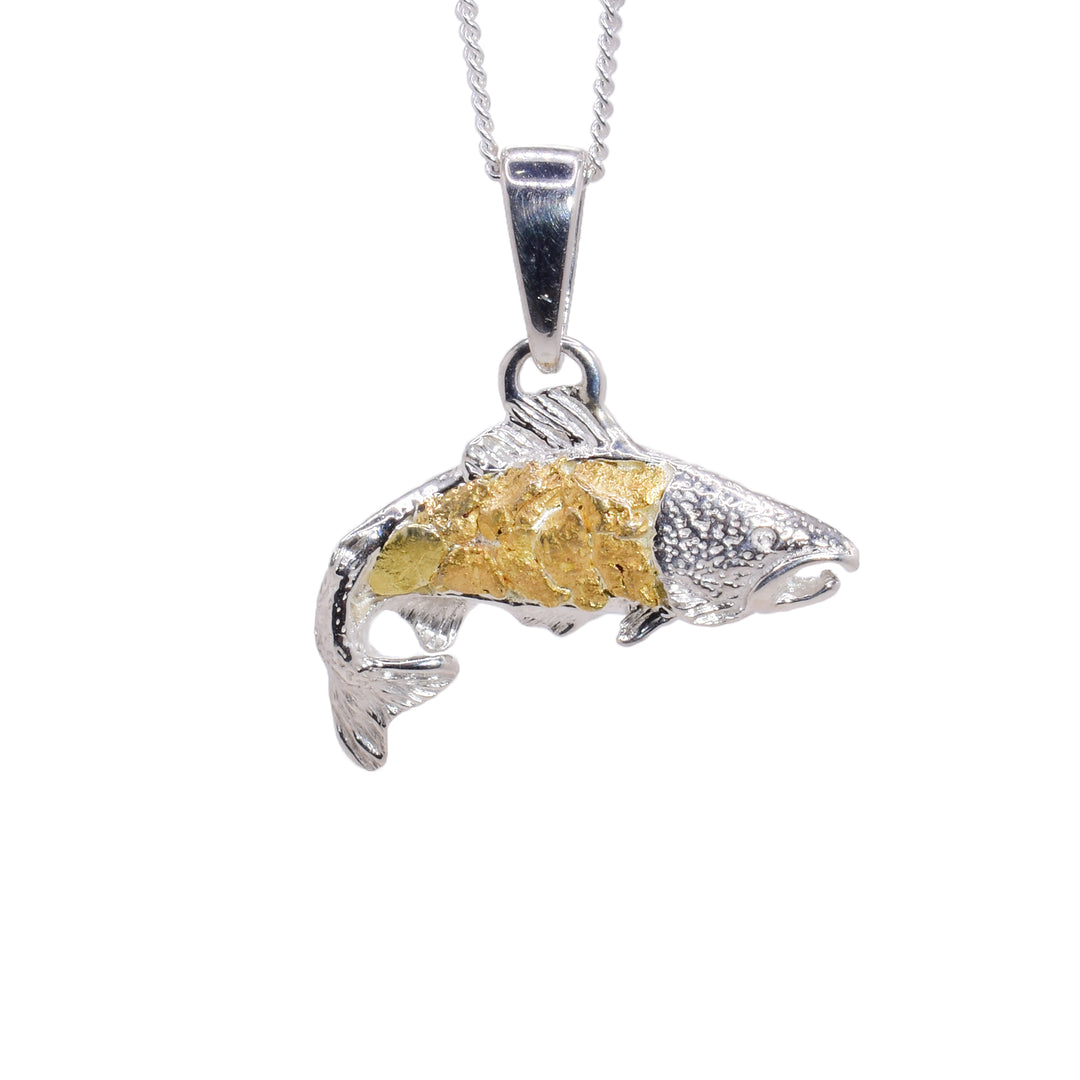 Realistic sterling silver salmon fish pendant with 22K gold nuggets on the body. Handcrafted by Tom Gregorczyk.