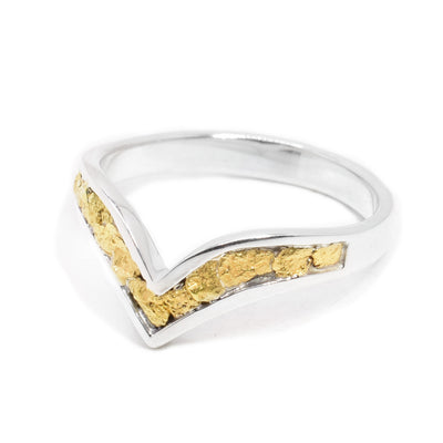 Sterling silver ring that curves into v shape in front with 22K gold nuggets. Handcrafted by Tom Gregorczyk.