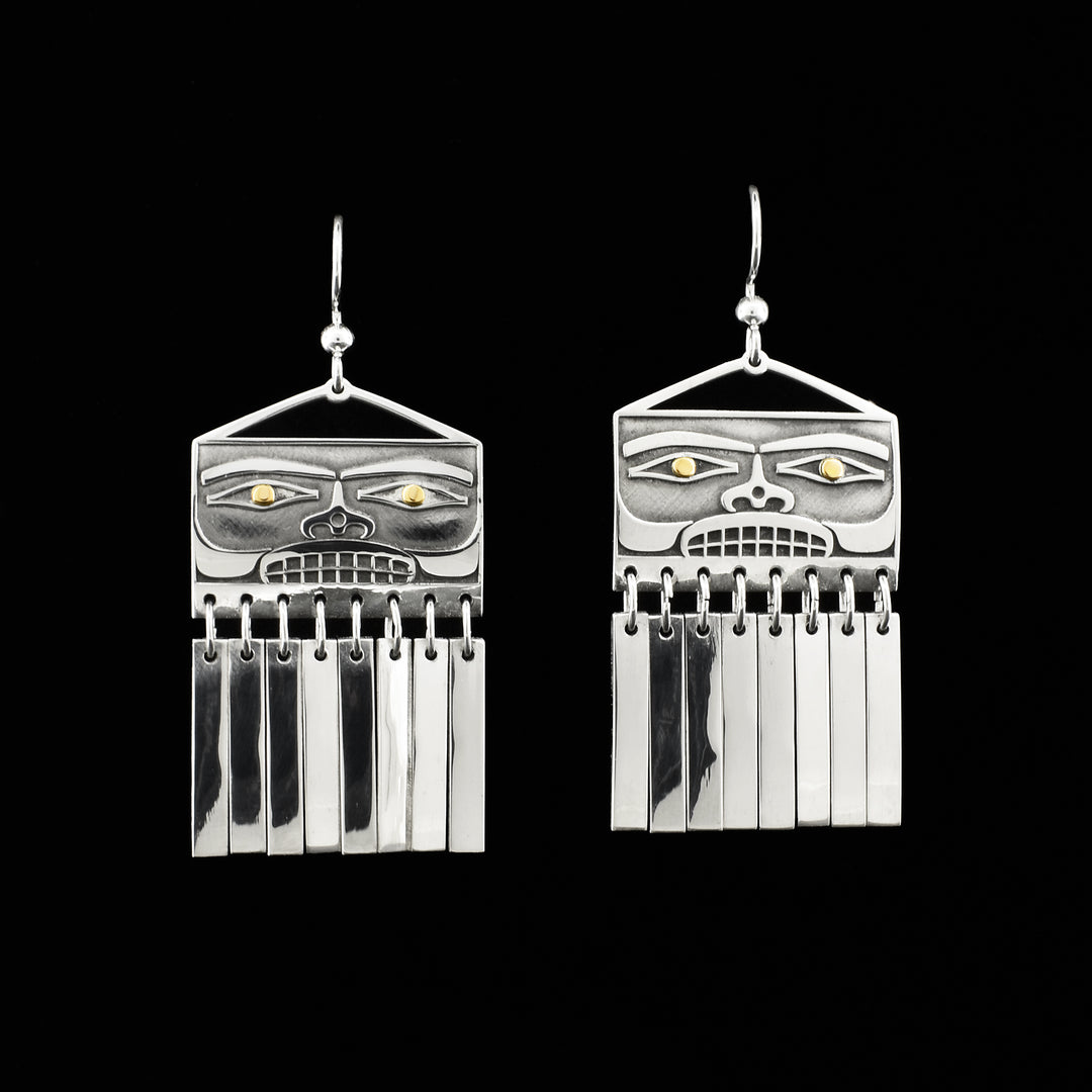 Both earrings have rectangular face and flat silver bars hanging below. Pupils are 18K yellow gold and rest of earrings are sterling silver. Dangle earrings with hooks.