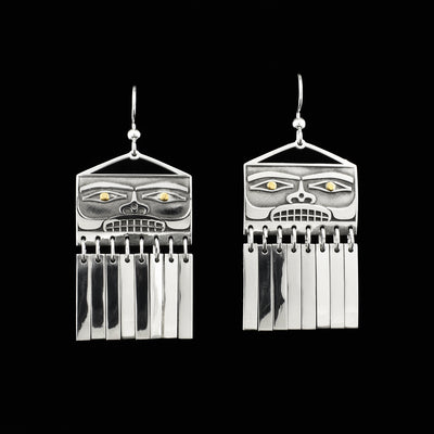 Both earrings have rectangular face and flat silver bars hanging below. Pupils are 18K yellow gold and rest of earrings are sterling silver. Dangle earrings with hooks.
