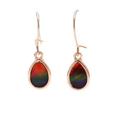 AA grade ammolite earrings. Hooks and frames around ammolite made from 14K yellow gold.