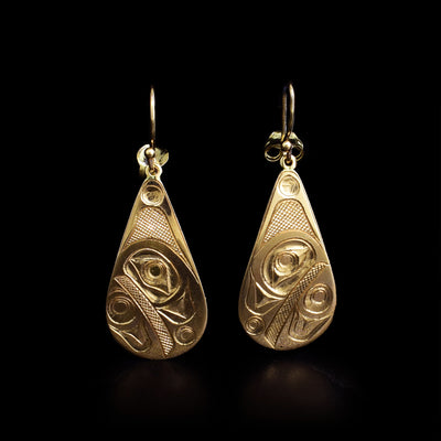 14K gold teardrop eagle earrings by Haida artist James McGuire. 1.5” x 0.5” including hooks.