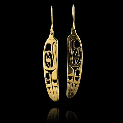 These dangling, 14K gold feather earrings have feather shaped hangs with cutout depictions of the Eagle on them.