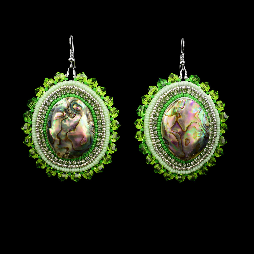 Green with hints of silver Beaded Dangling Earrings with Abalone