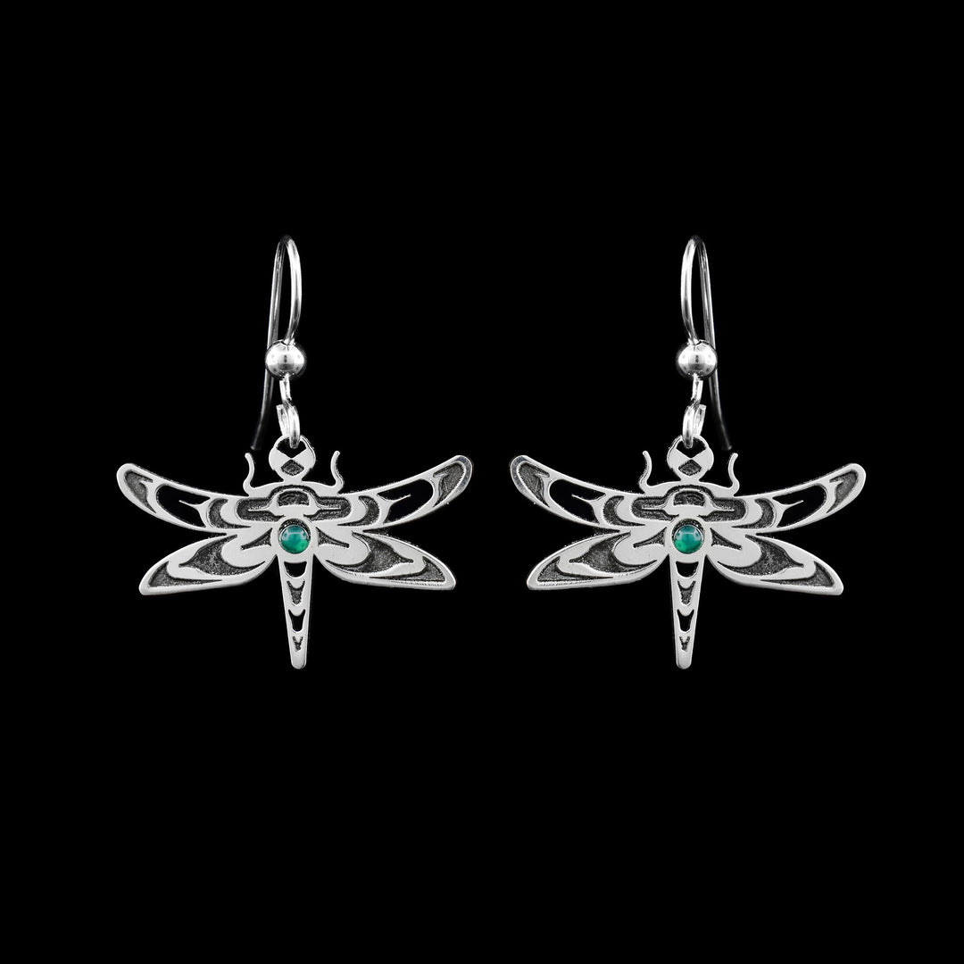 Green Onyx and Sterling Silver Dragonfly Earrings