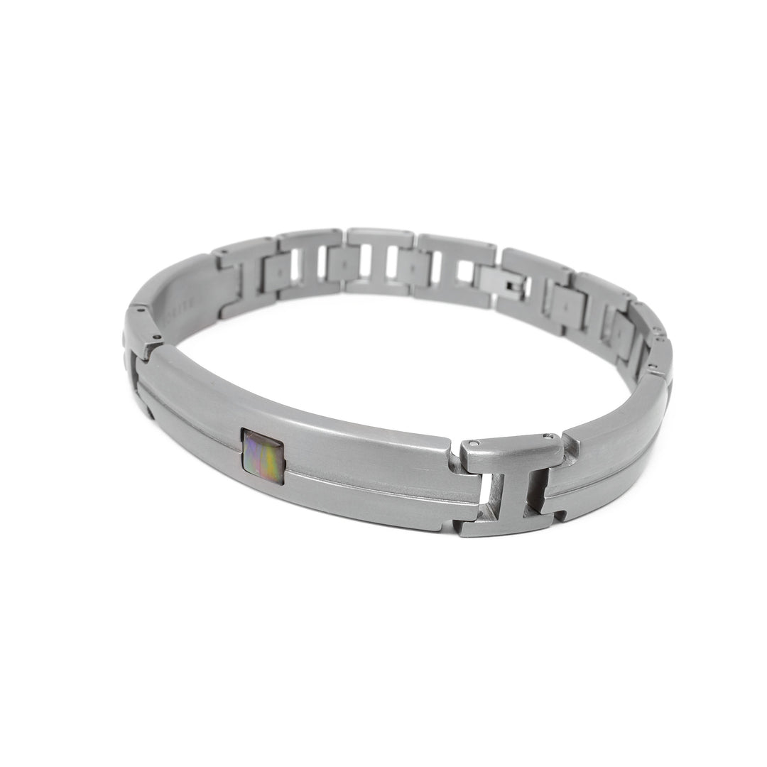 Side-view of grey titanium ammolite bracelet.