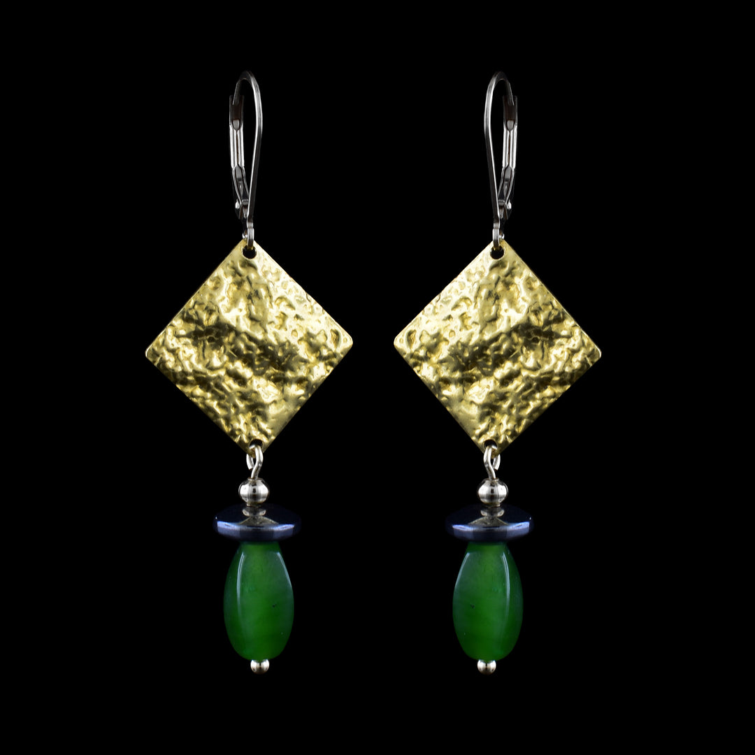 Hammered Brass squares & BC Jade Drop Earrings with hematite square beads above the dangling jade.