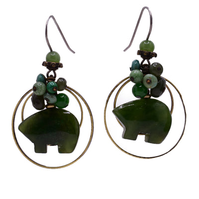 Green dangle earrings made of handworked brass, turquoise, aventurine and BC jade. Titanium ear hooks. By Honica.