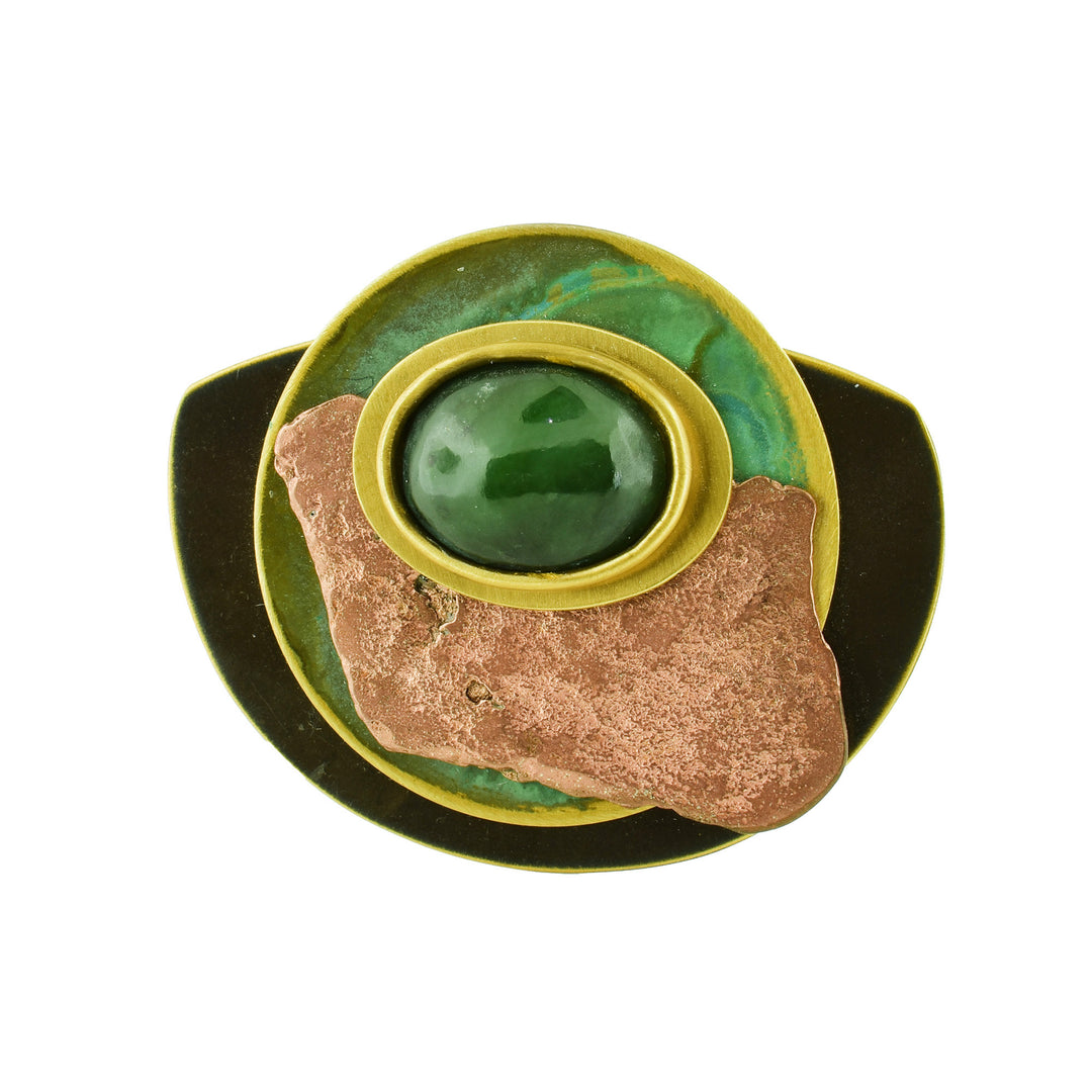 Harmony Jade Brooch - A bronze brooch Crafted with copper leaf and BC jade stone in the middle.