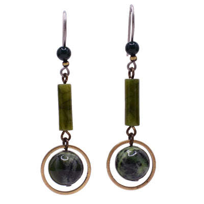 Green dangle drop earrings made of handworked brass, bloodstone and BC jade. Titanium ear hooks. By Honica.