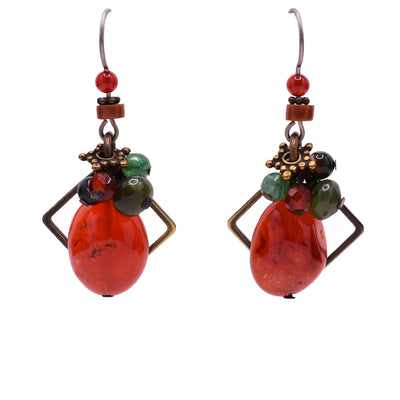 Dangle earrings made of jade, red goldstone, aventurine, carnelian agate and jasper. Titanium hooks. By Honica.