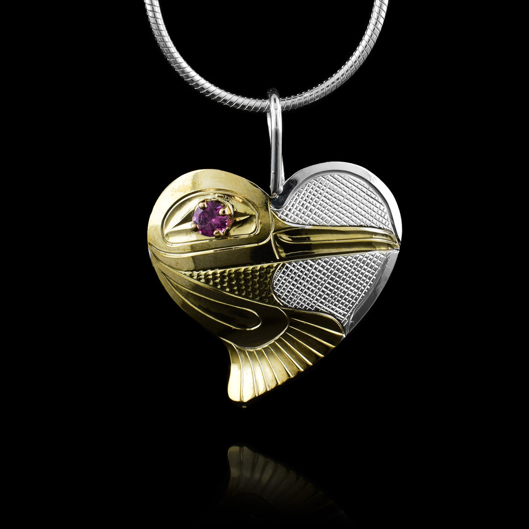 Heart-Shaped sterling Silver and Gold Plated Hummingbird Pendant with Garnet 