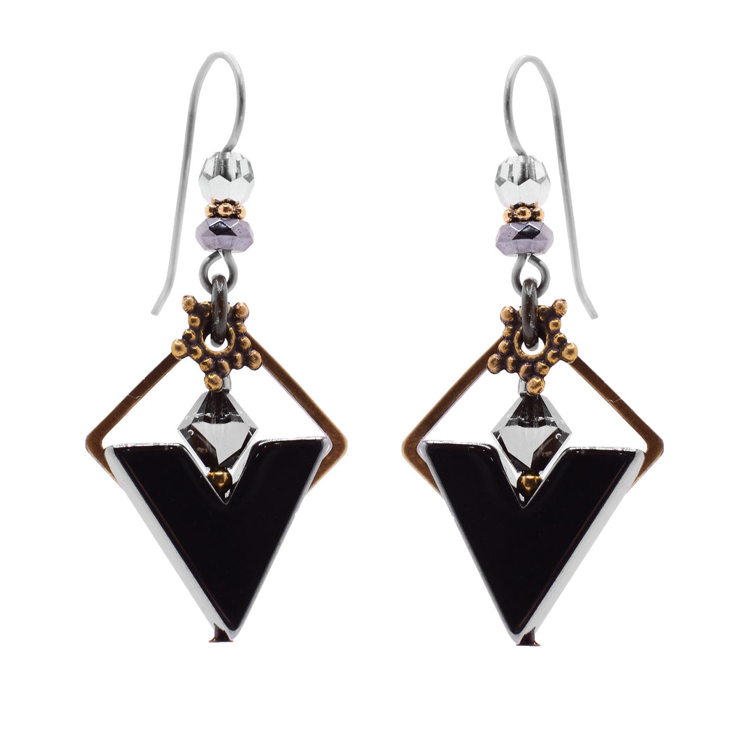 These Honica Hematine & Austrian Crystal earrings. Handcrafted with antique brass geometric frames, these 1.75" dangles offer a bold, modern look.