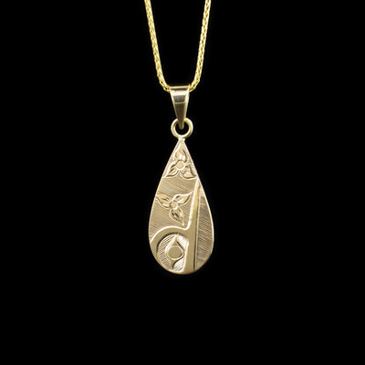 This 14K gold teardrop pendant has a depiction of the Hummingbird carved into the surface of the pendant.