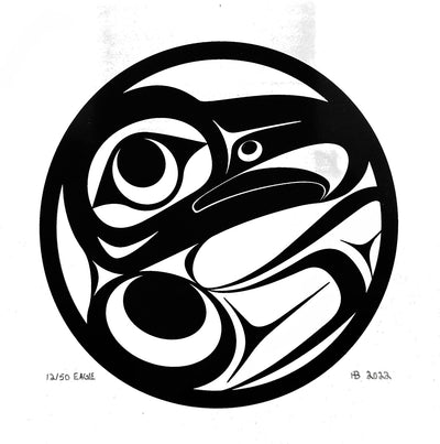 These Indigenous art prints depict the side profile of the head of the Eagle legend. The depiction is done in a circle and with black ink on a white canvas.